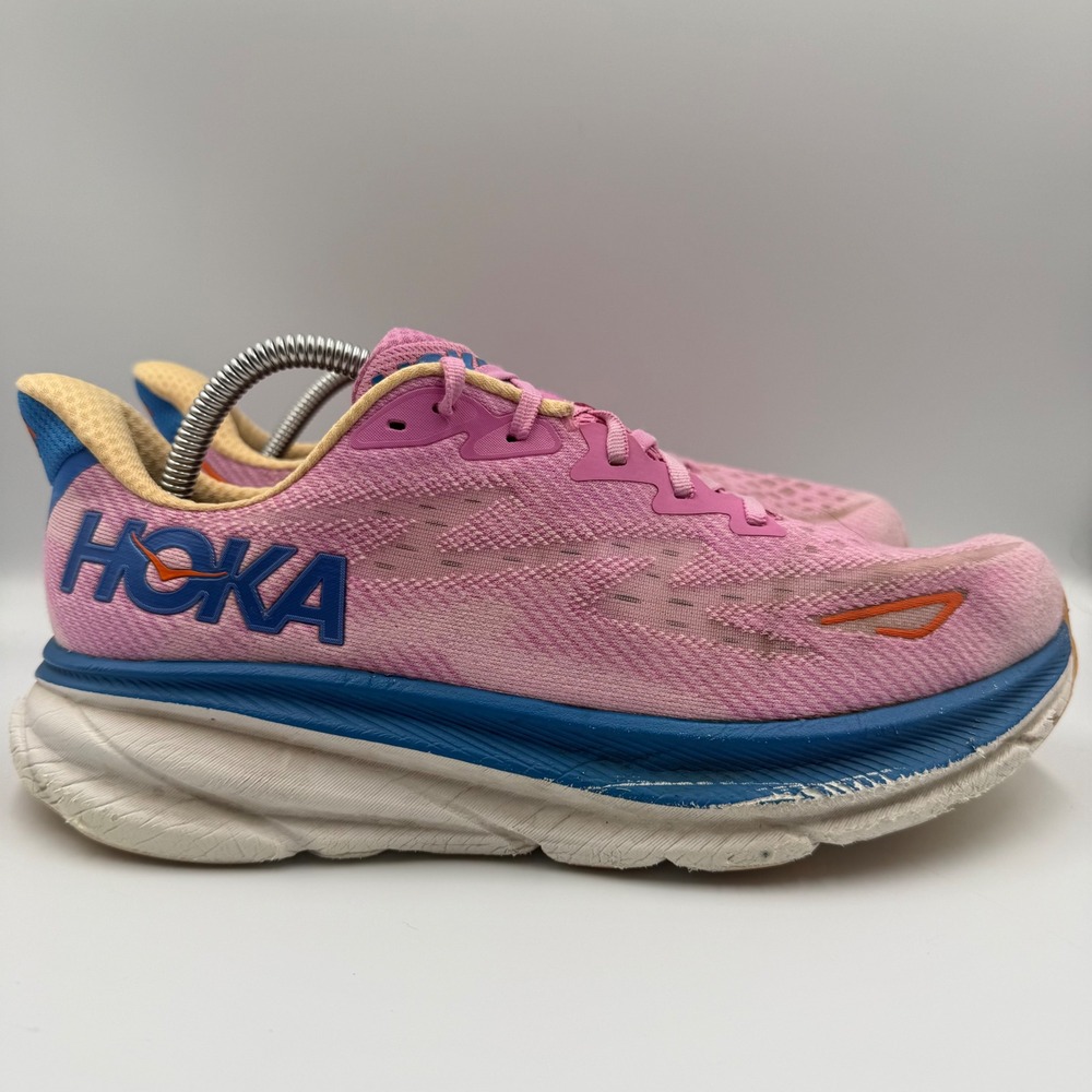 Hoka One One Clifton 9 Women Size 10.5 Wide Running Shoes Pink Blue 1132211 CSLC